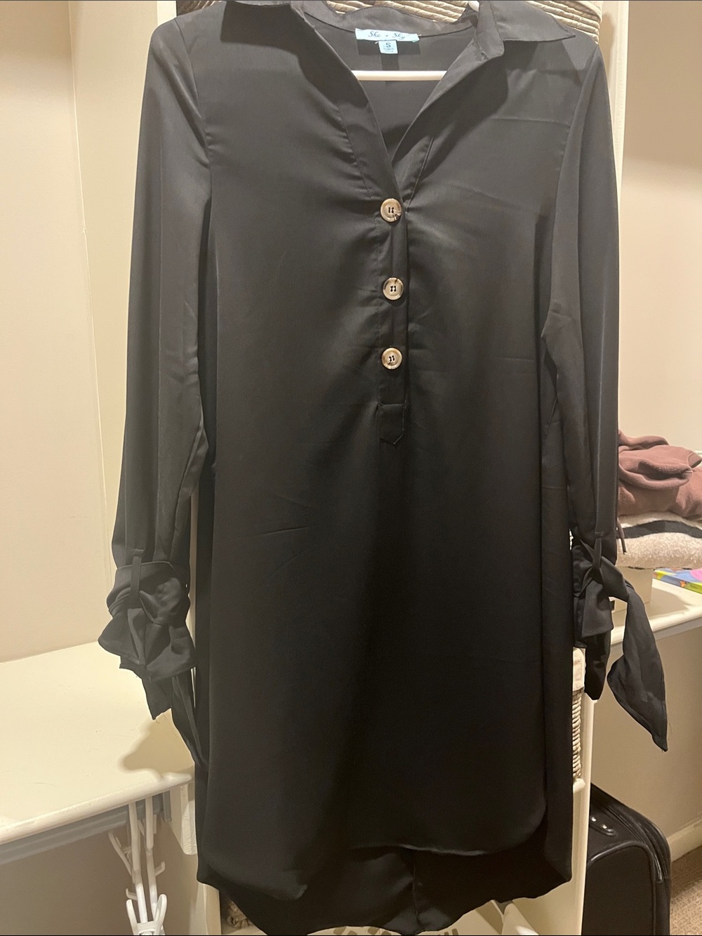 She + Sky Black Button-Front Long-Sleeve Tie Cuff Dress